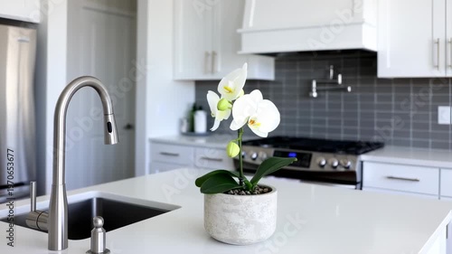 Modern Kitchen Interior with Potted Orchid Plant.