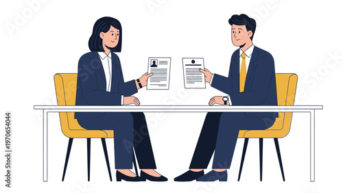 Job Interview: Two Professionals Exchanging Resumes at a Desk