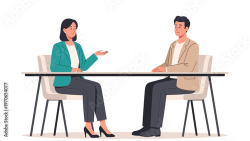 Business meeting: woman interviewer and man candidate sitting at table, discussion