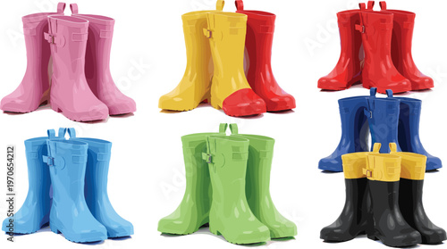 Set of Colorful Rubber Boots in Pink, Yellow, Green, Red, Blue, and Black for Footwear, Fashion, and Outdoor Illustrations