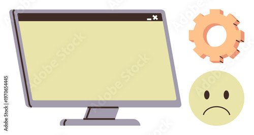 Technology troubleshooting, system errors, technical issues, software failure, UI challenges, IT problems. Monitor with gear icon and sad face emotion. Technology troubleshooting and system errors
