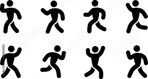 Walking and running stick figure silhouettes set minimal black vector illustration for motion activity icons fitness and user interface design use