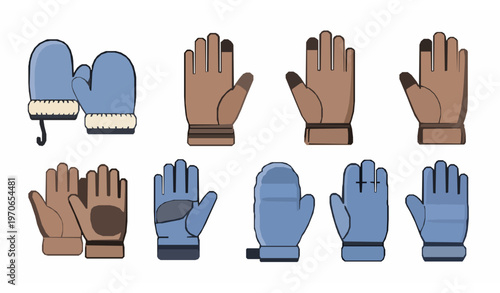Cartoon winter gloves vector icon set mitten and cold weather handwear illustration isolated on white