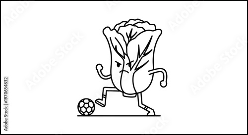 Funny cartoon cabbage character playing soccer, healthy food concept, isolated on white background