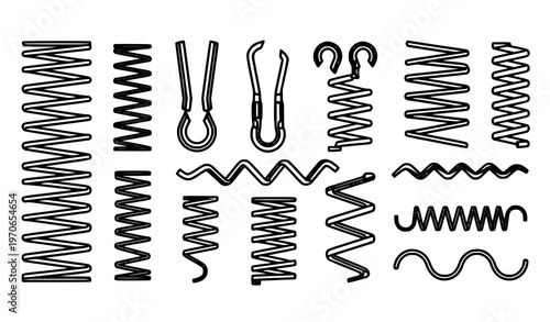 Spring silhouette icons with coil and hook variations editable stroke line vector for industrial and technical illustration