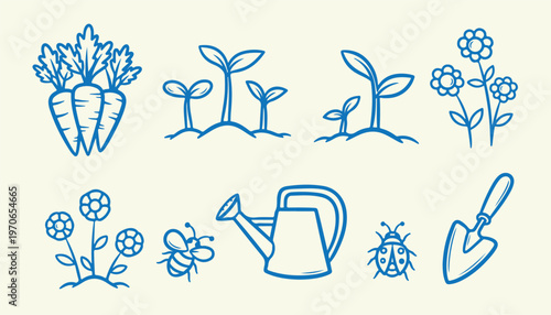 Gardening elements and cooking scene with people in kitchen for healthy lifestyle and food.