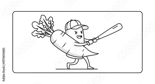 Funny cartoon radish character playing baseball with a bat