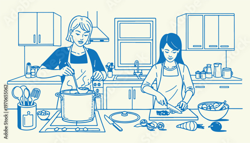 Two women cooking together in a modern kitchen, healthy food preparation, fresh ingredients.