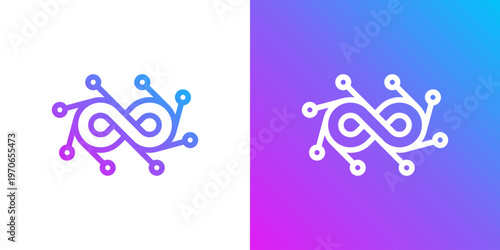 Dual meaning logo combining infinity and dot technology elements, symbolizing endless innovation, continuous connectivity, digital networks, and limitless technological possibilities