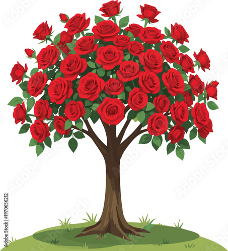 Created on Vibrant red rose tree blooming beautifully in springtime garden isolated vector art on white background