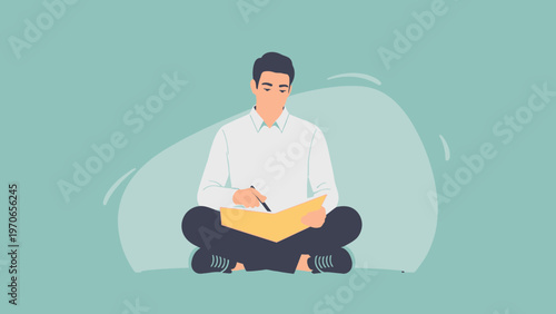 Man sitting cross-legged, writing in a notebook, focused on his work