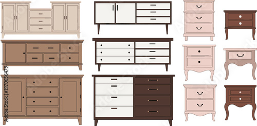 Set of Different Wooden Dressers and Nightstands in Various Colors and Styles for Home Decor, Furniture, and Interior Design