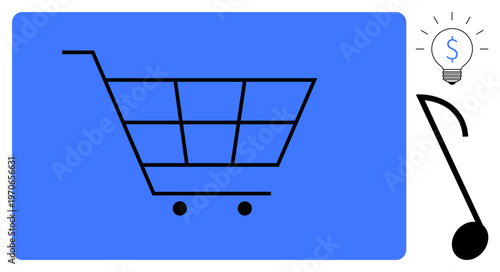 E-commerce, innovation, music industry, shopping trends, creativity, economic growth. A cart, dollar-inspired light bulb and music note. E-commerce and innovation concepts