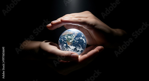 Human hands holding a glowing planet earth in the dark