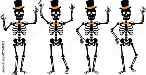 Dancing skeleton characters vector set wearing top hats and bow ties, Halloween party illustration with funny poses, spooky cartoon design for festive decoration