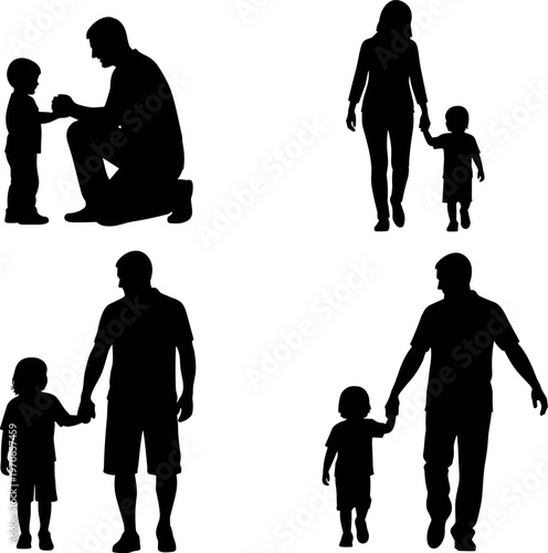 Family silhouettes showing parent and child walking holding hands and caring interaction isolated vector illustration representing love parenting relationship and childhood bonding moments