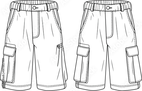 Men’s cargo shorts vector template front and back view, casual utility shorts with multiple pockets, fashion design technical illustration for apparel production