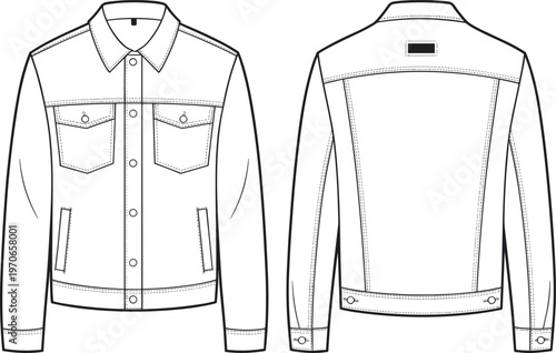 Men’s denim jacket vector template front and back view, classic trucker style with button closure and chest pockets, fashion design technical illustration