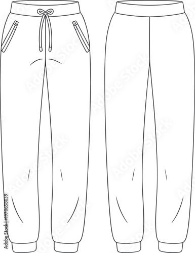 Men’s jogger sweatpants vector template front and back view, casual sports trousers with drawstring waistband and zipper pockets, apparel design technical fashion illustration