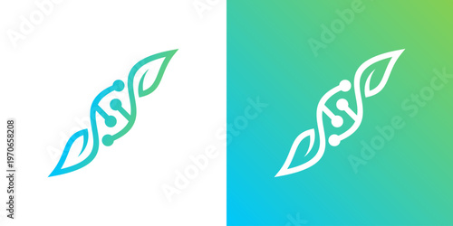 Dual meaning logo combining leaf and genetic elements, symbolizing biotechnology, natural innovation, sustainable science, growth, and the fusion of nature with genetic research