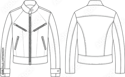 Men’s leather jacket vector template front and back view, biker style outerwear with zipper pockets, fashion design technical drawing for apparel production