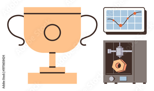 Achievement, technology, innovation, data-driven growth, modern manufacturing, success measurement. Trophy, analytics chart and 3D printer in a set. Achievement and technology