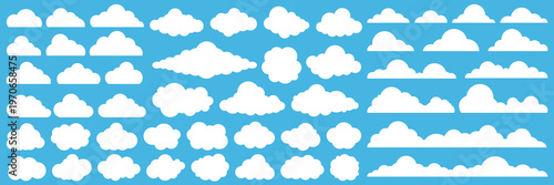 Set of cartoon cloud in a flat design. White cloud collection. Nature sky, cloud pattern, fume or misty fog art. Food smoke, cloud texture, weather element symbol. Blue white clouds icon silhouette.
