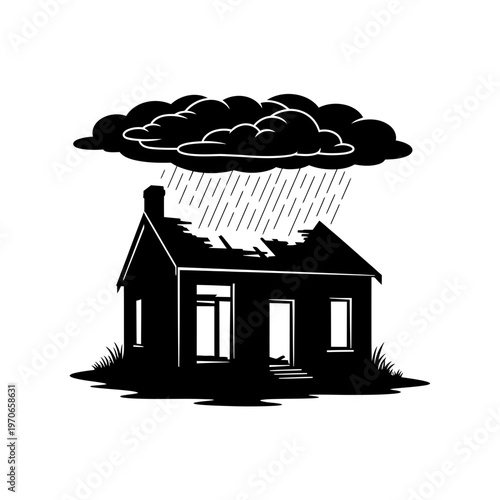 Monochromatic House Under Storm: A silhouette of a house is depicted weathering a torrential downpour from ominous storm clouds, emphasizing the raw power of nature.
