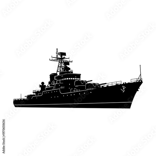 Silhouette of a Majestic Vessel: A bold silhouette of a formidable warship, its powerful form etched against a clean backdrop, evokes a sense of strength, maritime tradition.