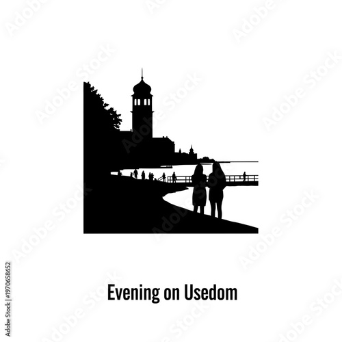 Evening Silhouette by the Coast: As dusk descends, silhouetted figures stroll along the coast, near an iconic building, casting a long shadow, evoking a sense of tranquility.