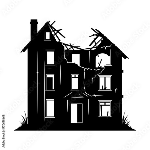 Decayed Dwelling: A stark silhouette of a dilapidated house, its structure ravaged by time and neglect, evoking a sense of ruin and abandonment. 