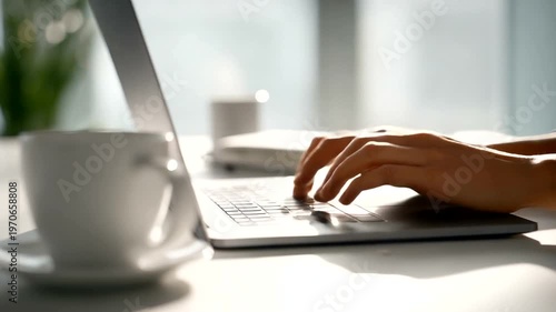 Person Typing on Laptop with Coffee in Bright Room