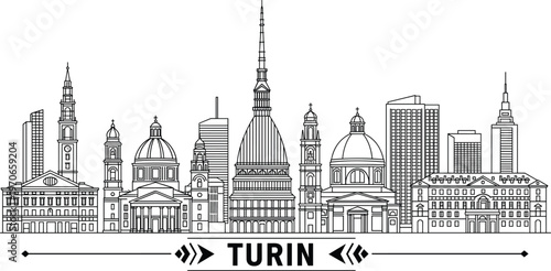 Black and white vector illustration of Turin skyline featuring Mole Antonelliana, domed churches, towers, and modern skyscrapers with decorative text “TURIN” below