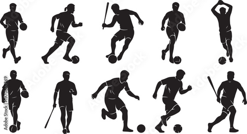 Silhouettes of soccer players in various poses and actions