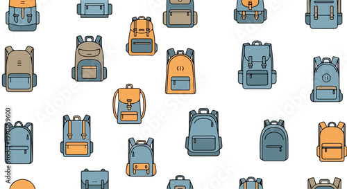 Flat lay of various colorful backpacks and bags on a white background with a playful and organized composition.