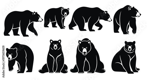 Eight black bear silhouettes in various poses on a white background, showcasing different movements and sitting positions.