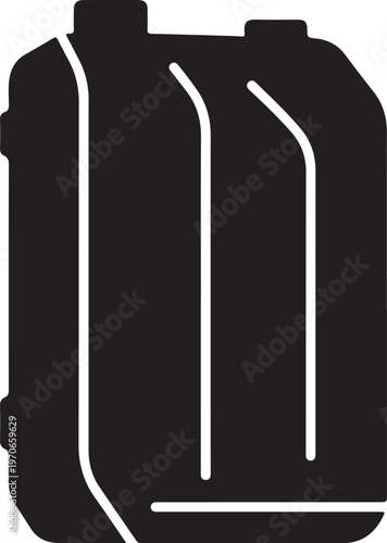 Black oil canister, industrial lubricant container, metal fuel tank, vector icon