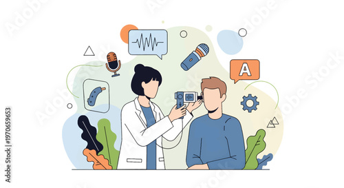 A doctor performs a thorough medical examination on a patient in a modern clinic with various health technology elements around them.