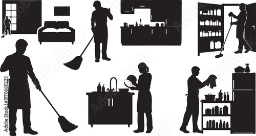 Silhouettes of people cleaning and doing chores at home daily