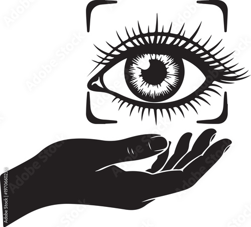 Hand holding an eye with eyelashes and camera frame
