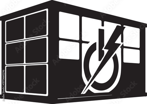 Black and white vector electrical panel icon, power symbol, lightning bolt, industrial sign