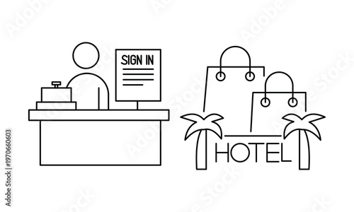 Hotel reception desk check in and luxury resort shopping travel experience line icon.Editable stroke, Vector illustration, Line art Icon, Symbols.