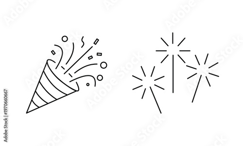 Celebration party popper and sparklers icons for anniversary wedding or birthday event.Editable stroke, Vector illustration, Line art Icon, Symbols.