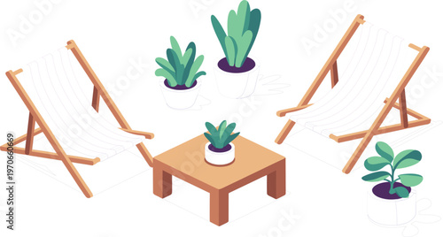 Outdoor leisure furniture set with beach chairs and potted plants, garden relaxation concept isolated vector design
