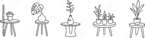 Potted house plants on small wooden tables set, indoor home garden decoration isolated vector line art