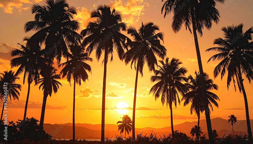 Obraz premium Silhouette palm trees frame a vibrant sunset, casting shadows on the horizon