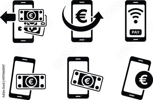 Mobile payment and digital wallet icons set with smartphone, money transfer and contactless euro payment vector