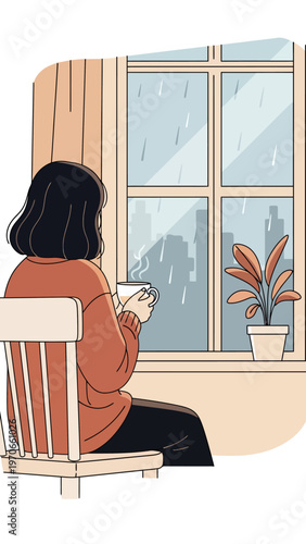 A person sits on a wooden chair, looking out a window at the rain while holding a steaming mug, creating a cozy and contemplative indoor scene.