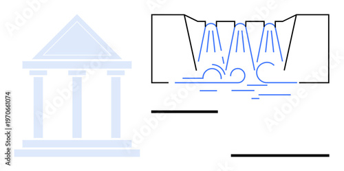 Renewable energy, hydropower systems, architecture, science education, sustainability, technology. Abstract building with triangular roof and a schematic water flow mechanism. Hydropower systems