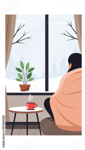 A person wrapped in a cozy blanket sitting by a window, watching the snow fall outside with a steaming hot drink nearby.